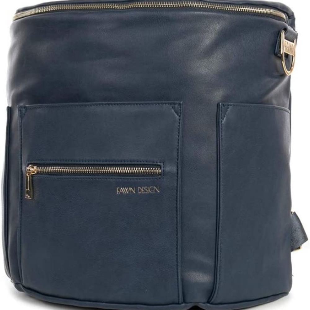 Fawn Design Navy Blue Leather Baby Bag with Gold Hardware